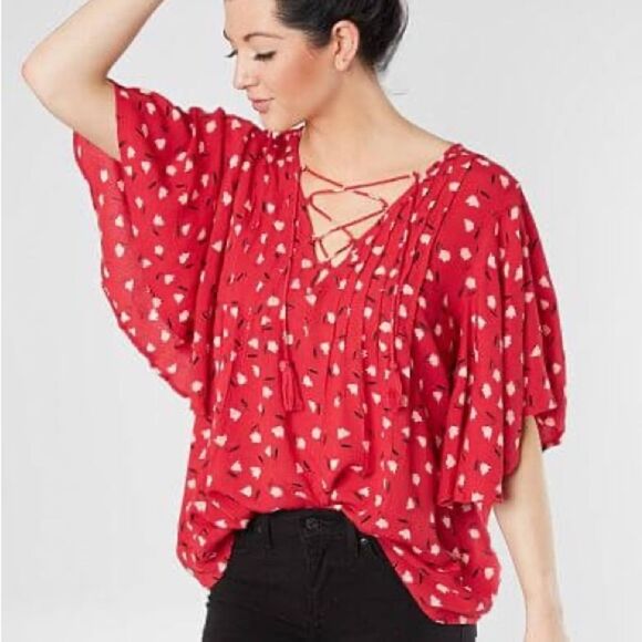 Billabong Flowy Tie Neck Red Floral Top Medium - Picture 1 of 9